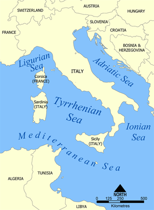 Map of Tyrrhenian Sea