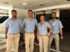 The crew on Greece yacht charter Orion at the 2015 yacht show.