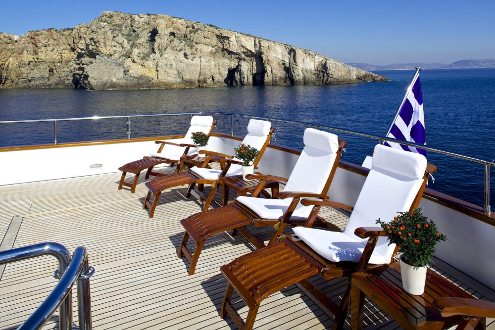 The deck of Let It Be is perfect for viewing Greece yacht charter areas