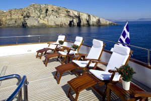 The deck of Let It Be is perfect for viewing Greece yacht charter areas.