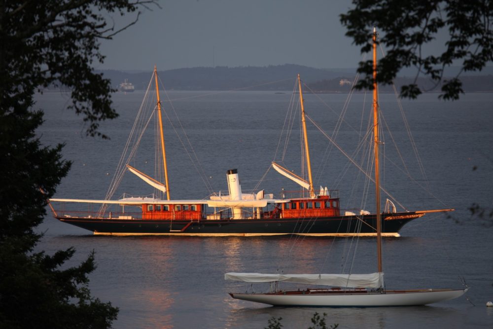 Classic Steamship Cangarda at anchor. Sailing in New England on Maine Yacht Charters.