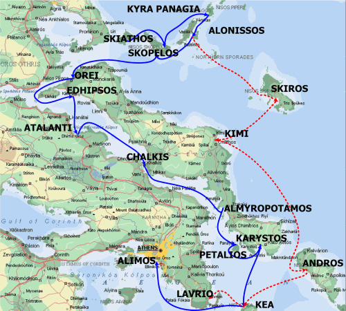 Skiathos to Athens, Itinerary options and map