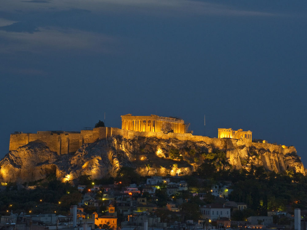 Acropolis in Athens, Greece at night.