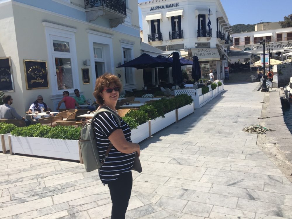 Karin walking along the Spetses waterfront