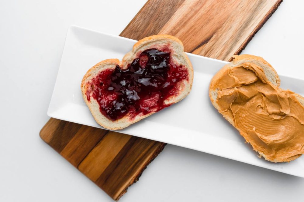 Peanut butter and jelly open face sandwich