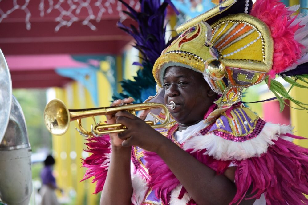 colorful nassau with trumpet player