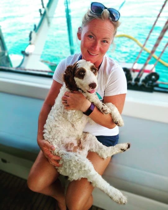 Sailor-dog Parker the First Mate onboard Dreamcatcher a Caribbean catamaran for charter.
