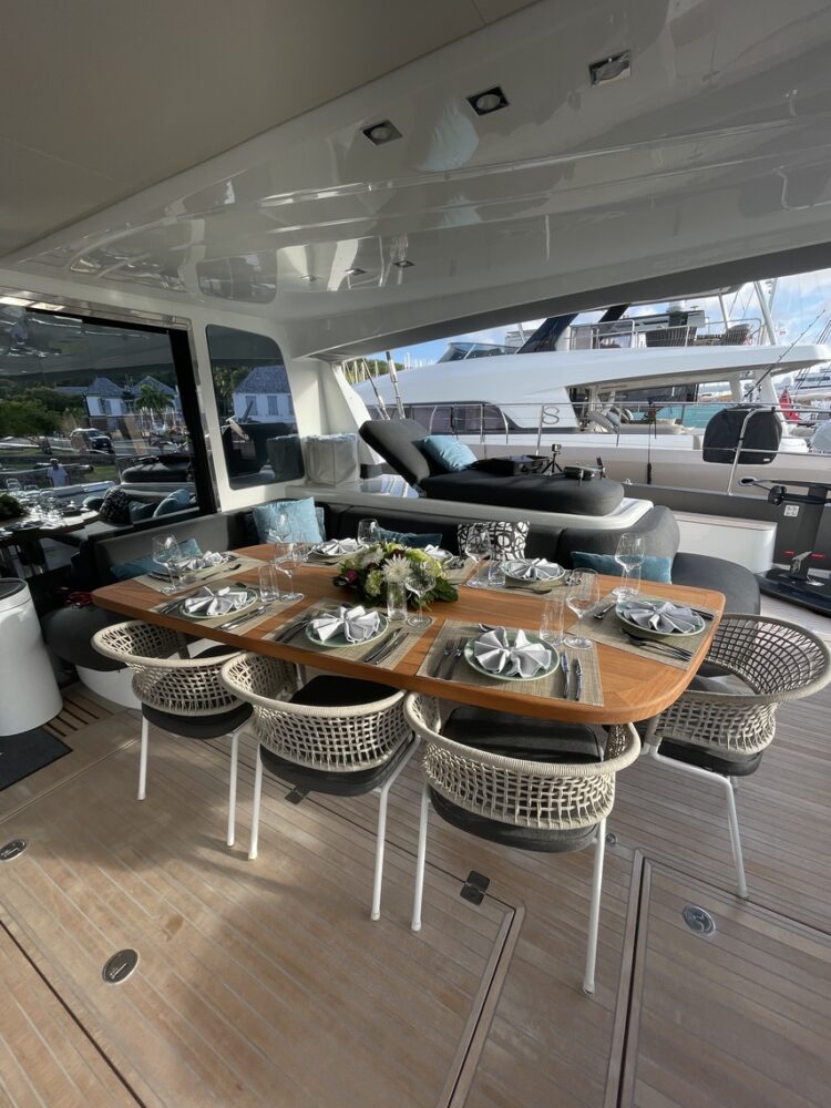 outdoor dining on luxury sailing catamaran la gatta