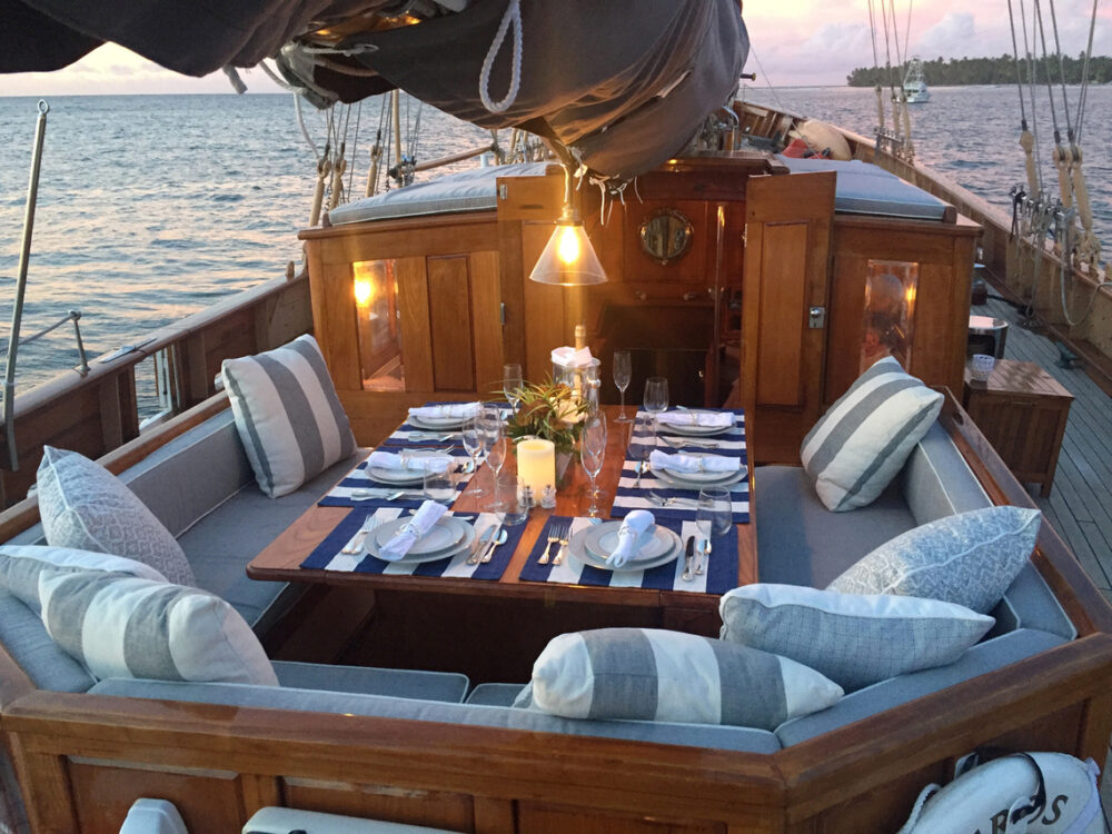 outdoor dining on sailing yacht eros yacht charter in the Caribbean