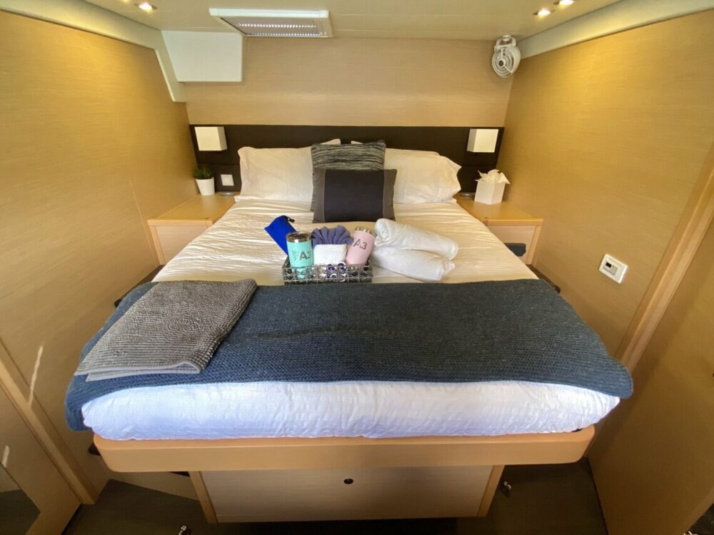 one of the cabins onboard A3 a crewed Lagoon 56 based in the BVI