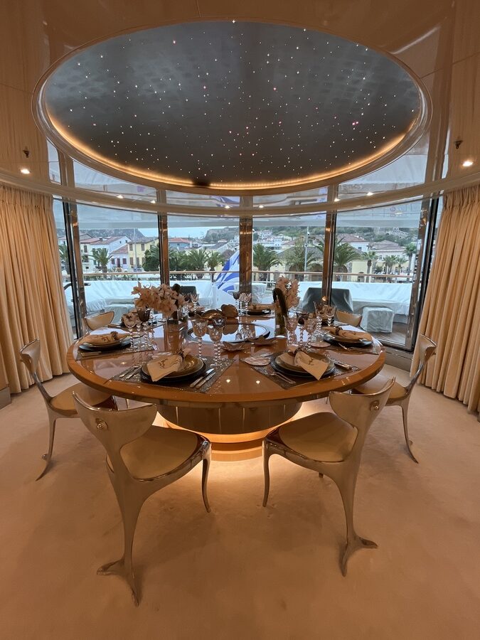 dining on motor yacht sunday dining area - June Greece Yacht Charter Specials