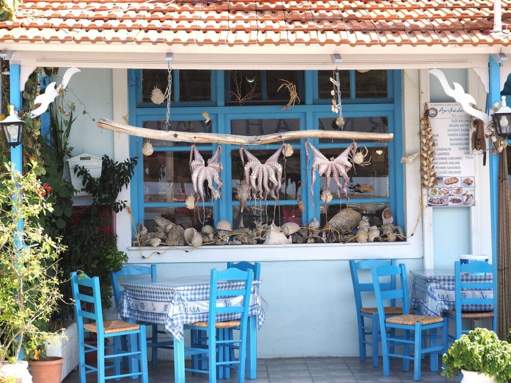 Octopus hang outside a cafe in Lesbos, Greece.