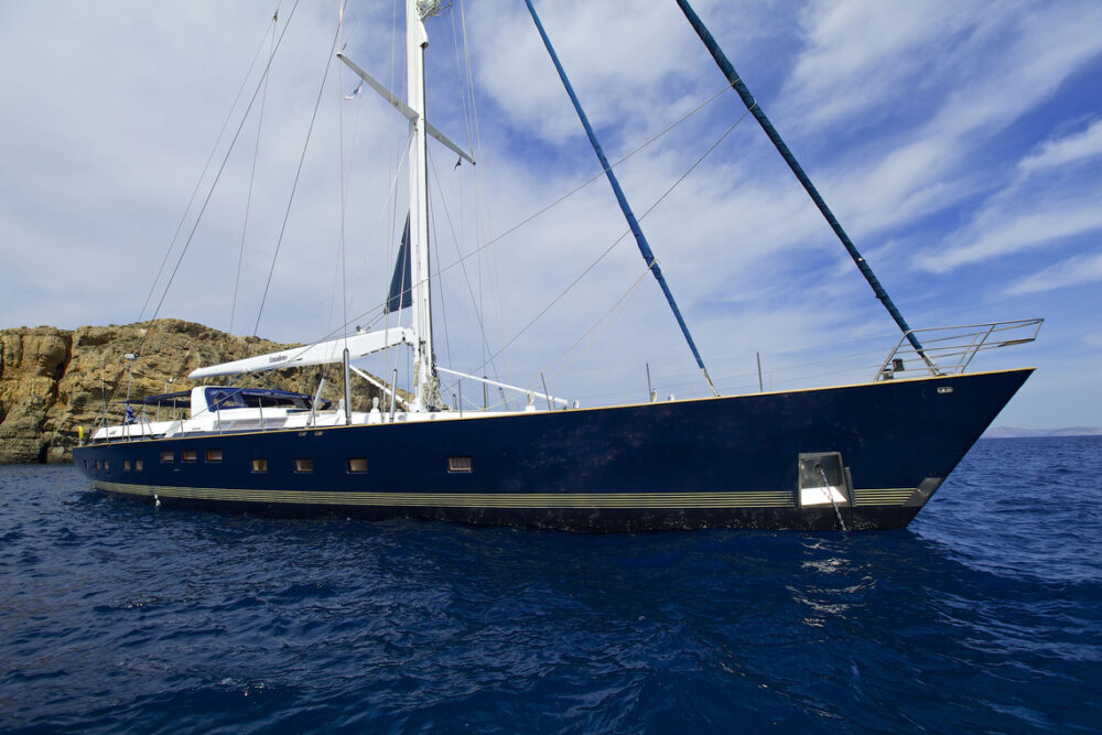 The AMADEUS anchored in one of the Greece Yacht Charter marinas