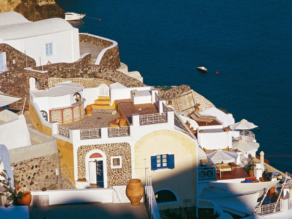 Houses on the cliff on one of the Cyclades islands