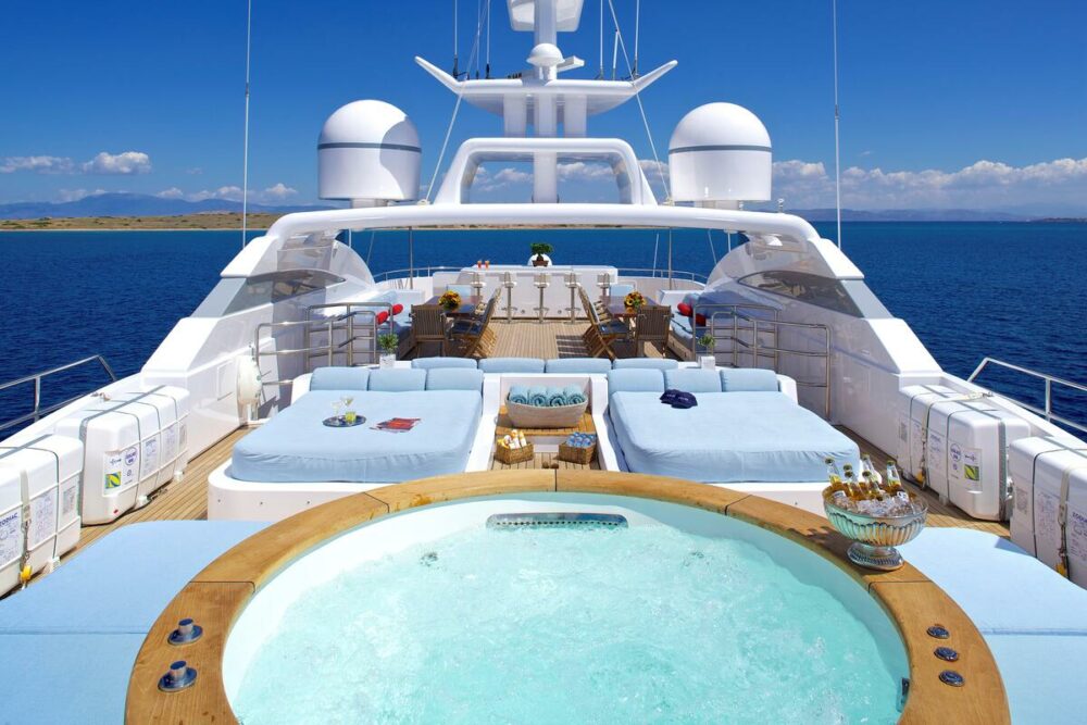 The relaxing sundeck and jacuzzi aboard Superyacht OCEANOS.