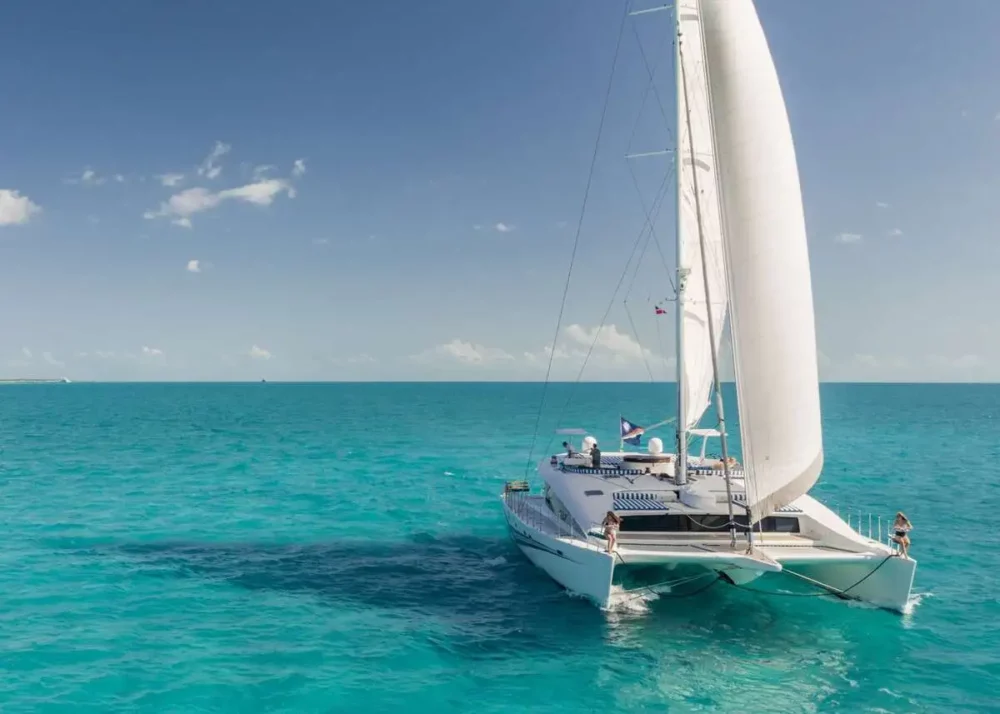 Sailing catamaran Blue Gryphon available for charter in the Exuma Islands of the Bahamas.