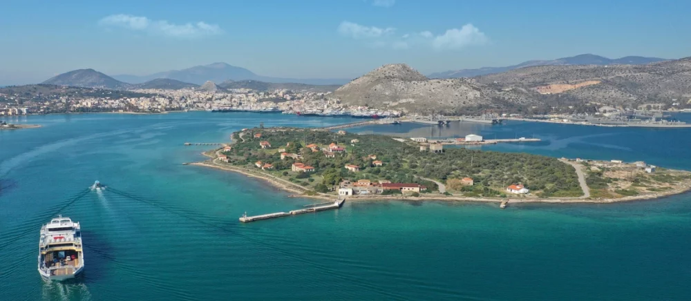 Aerial drone photo of small island of Agios Georgios next to Ferry port of Paloukia, Salamina island, Attica, Greece