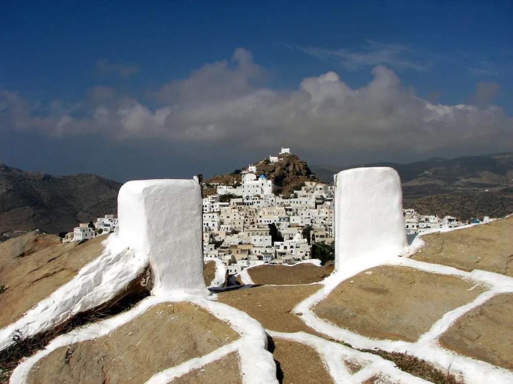 Distant view of town in Ios, Greece