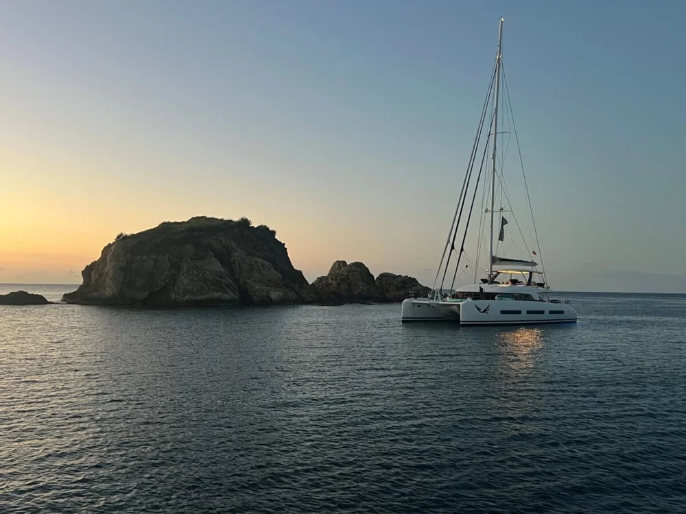 Mariah Princess III at sunset in Privateer Bay. BVI Fam Trip