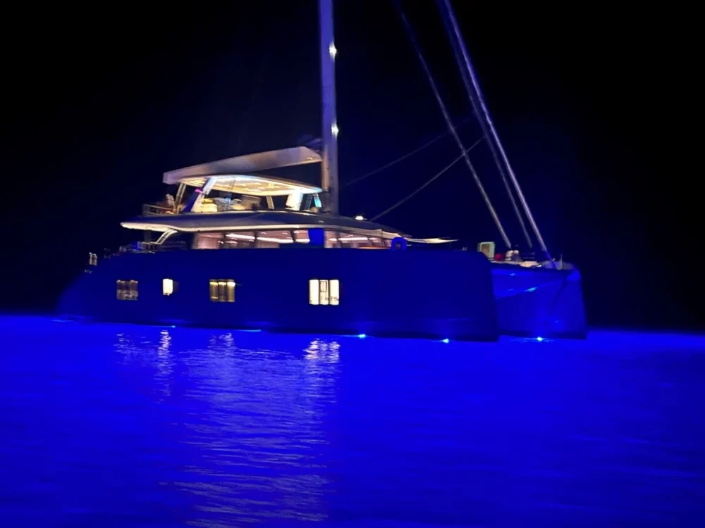 Sunreef 80 catamaran Seaclusion at night on the BVI Fam Trip