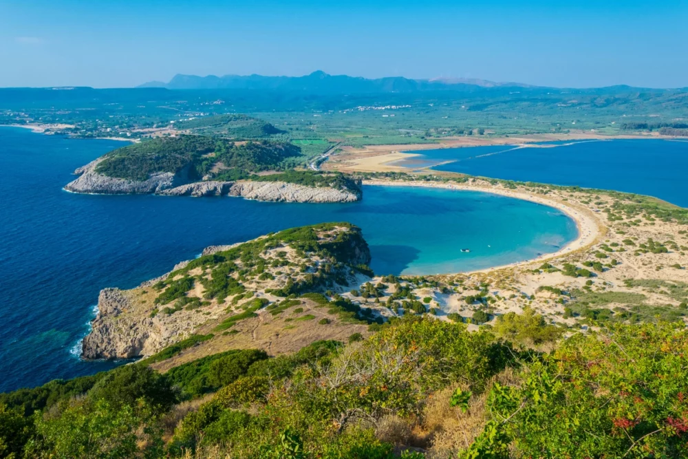 Panorama view of Voidokilia Beach on the Navarino Coast, on a Kalamata yacht charter