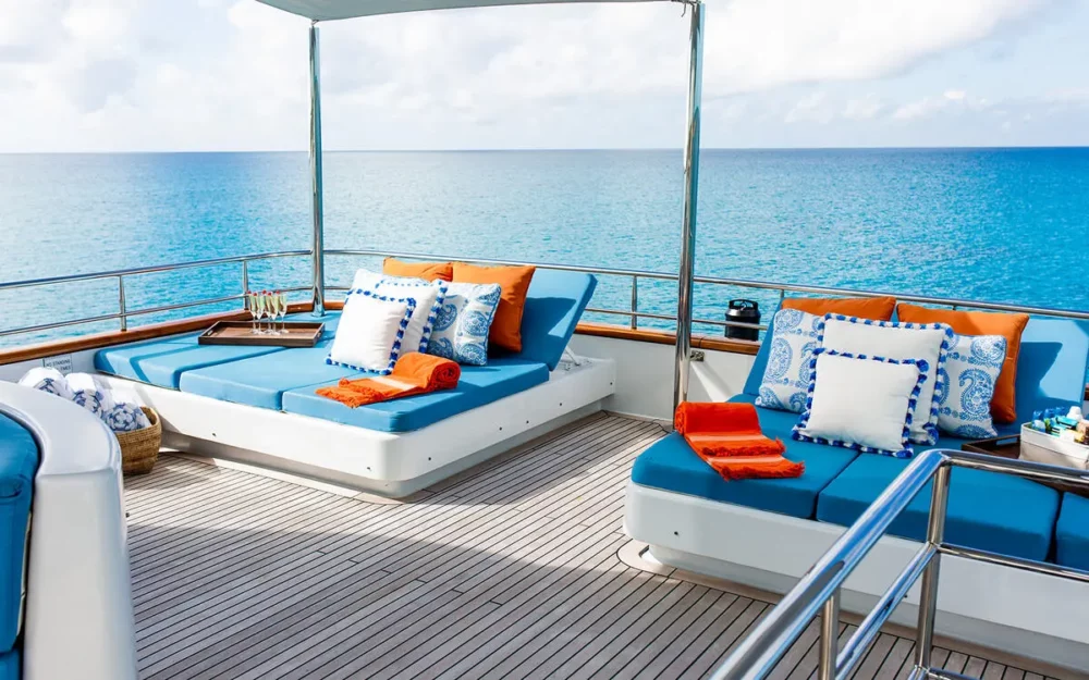 sun pads on the deck of bahamas motoryacht charter M3