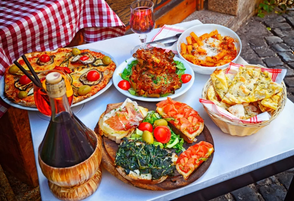 Traditional food at a restaurant in Rome, Italy.