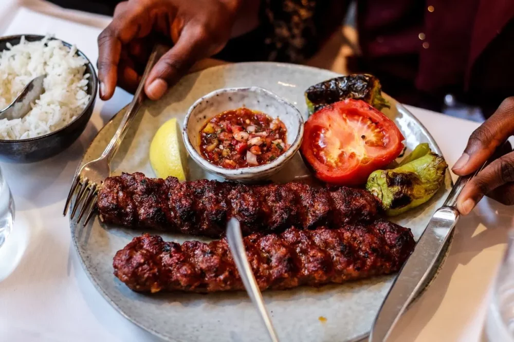 Turkish cuisine, kebab, and vegetables.