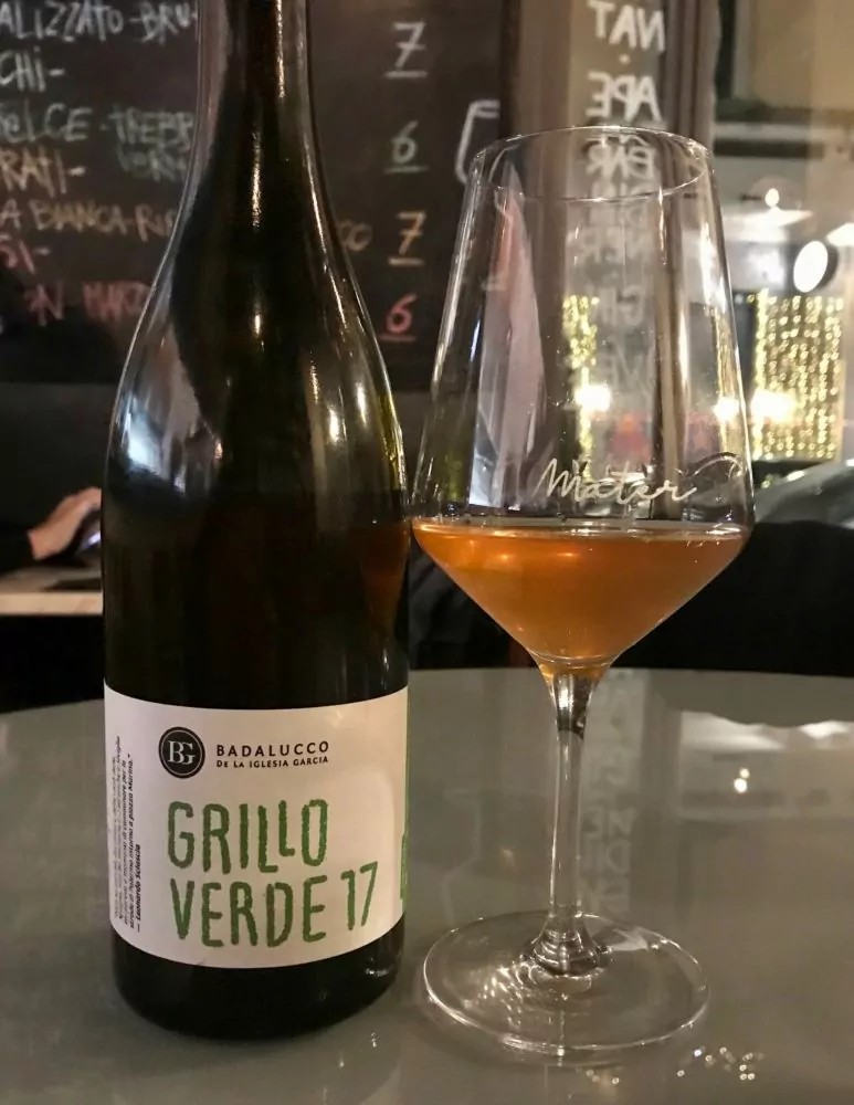 A picture of a bottle of Grillo Wine from Badalucco in Marsala, Sicily.