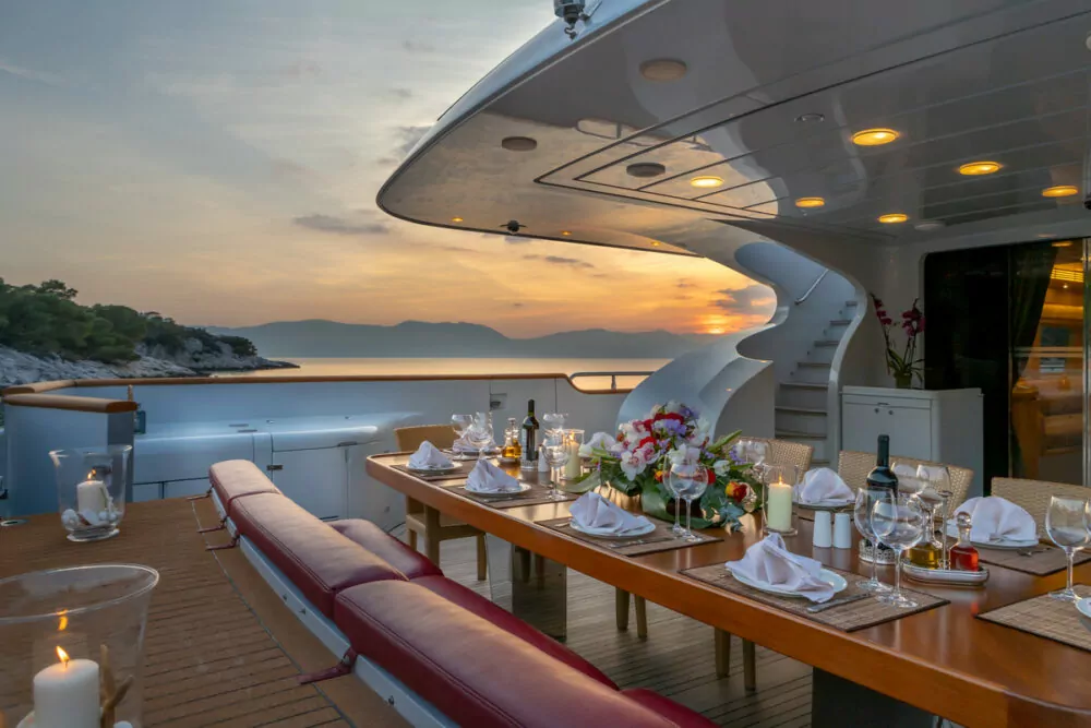 Motoryacht Glaros' aft cockpit at sunset