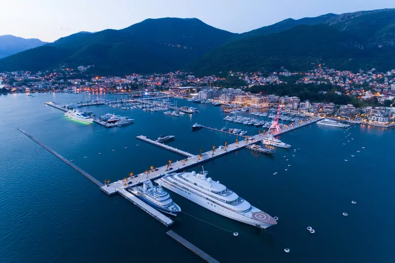 Aerial view of the Porto Montenegro at dusk