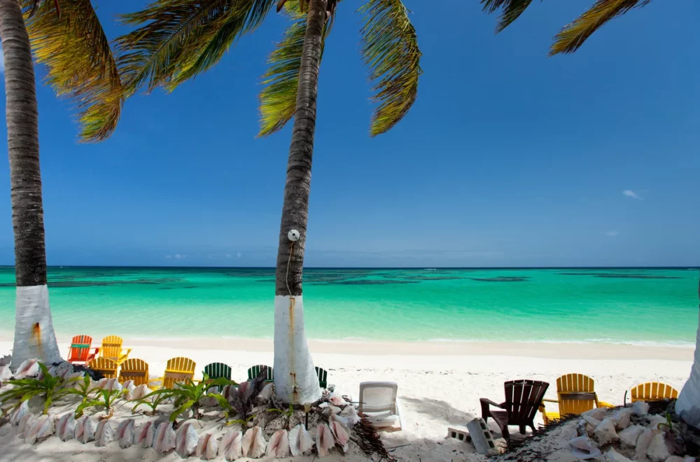 Scenic view of Anegada Beach in the British Virgin Islands with crystal-clear water, palm trees, and chairs. Explore the Caribbean with Caribbean Charters.
