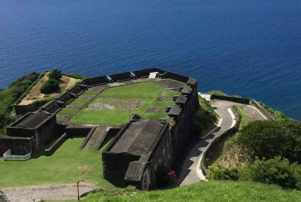 Aerial view of Brimstone Hill Fortress, a UNESCO World Heritage Site on St. Kitts Island in the Caribbean.
