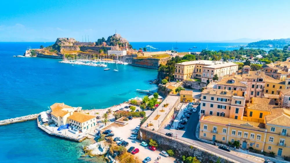 An aerial view of Corfu, a Greek island known for its private crewed yacht getaways. 