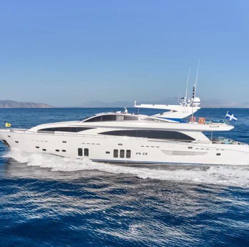HAKUNA MATATA motor yacht cruising on the Mediterranean waters, showcasing the allure of a private crewed yacht charter Mediterranean.