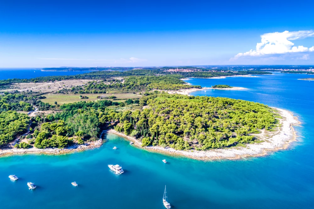 An aerial view of a small, rocky island with clear blue water surrounding it. The island is covered in green vegetation and has a few buildings on the shore.
