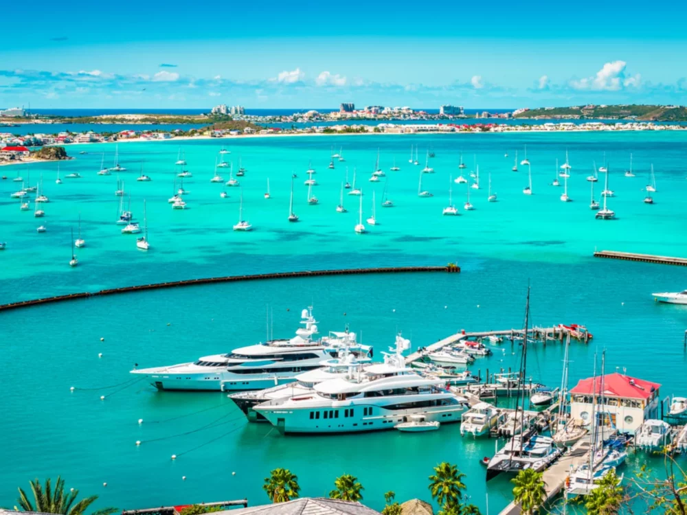 Yachts docked at Marina Fort Louis in St. Martin. Private yacht rental Caribbean.