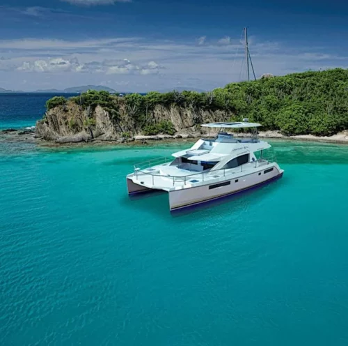 Somewhere Hot, a luxurious power catamaran, is docked in the waters of British Virgin Islands,