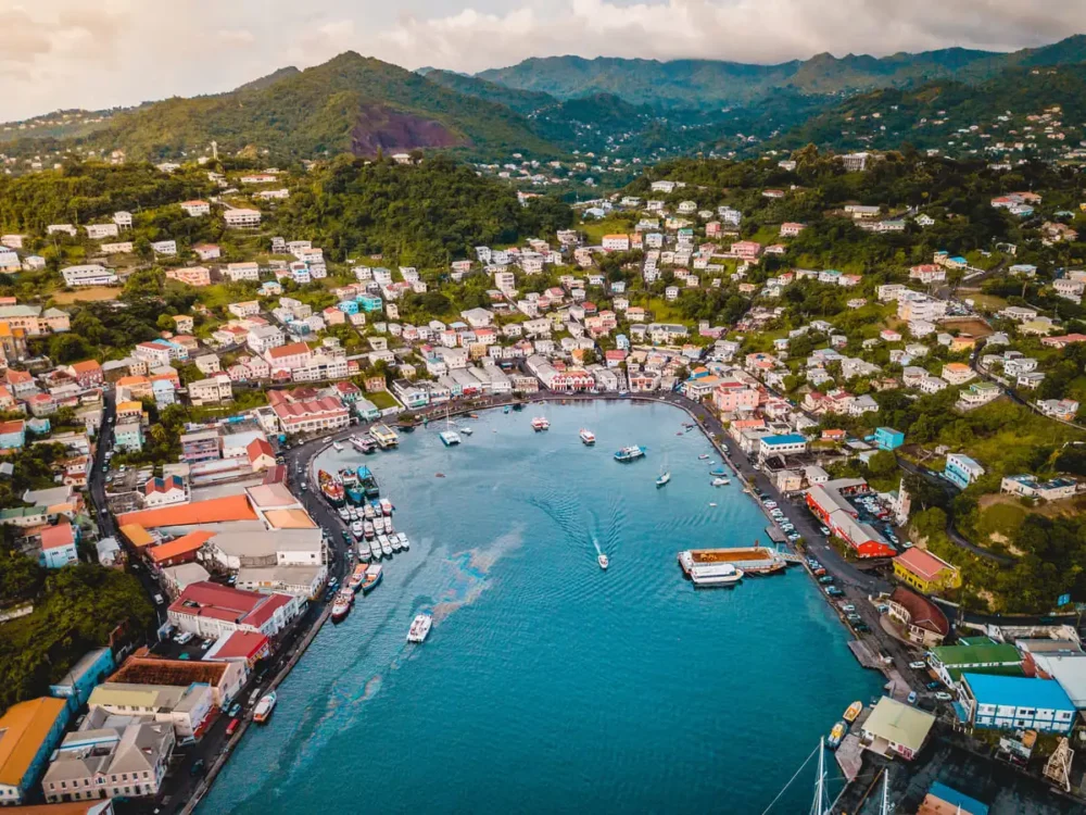 Aerial view of St. George's harbor in Grenada, a Caribbean island nation known for its affordable yacht charters.