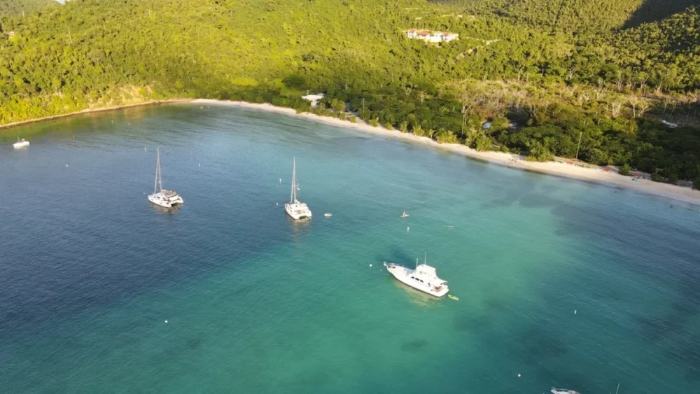 Several yachts anchored in the clear waters of St. Francis Bay, USVI, surrounded by lush green hills, showcasing the idyllic setting for crewed yacht charters.
