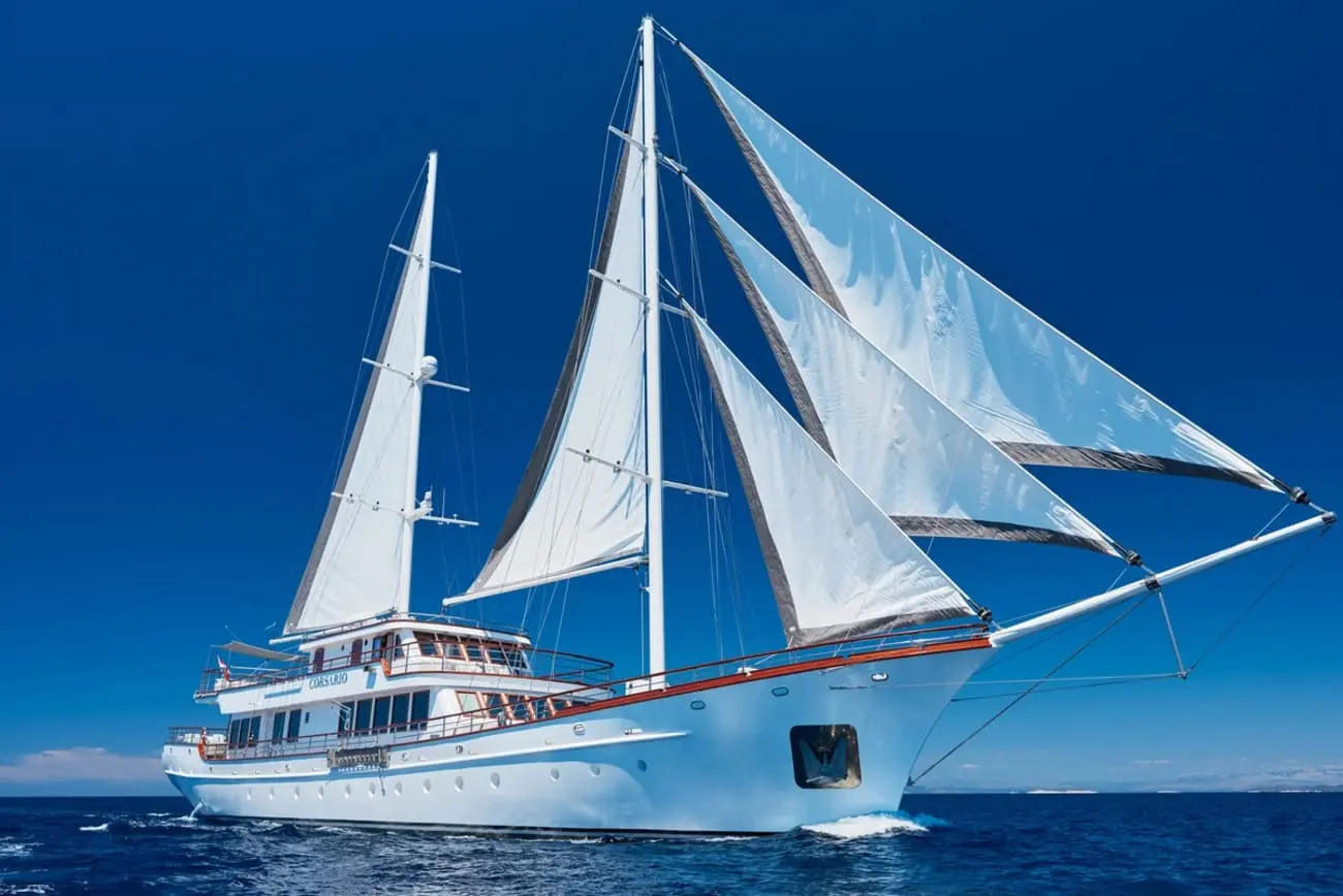 A stunning white sailing yacht with multiple sails unfurled, cruising on a blue sea.