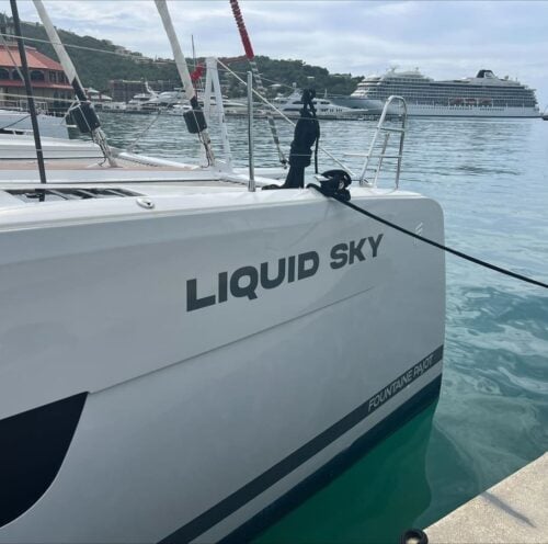 Catamaran named Liquid Sky docked at a marina.